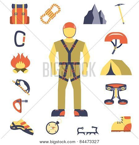 Climber gear equipment icons flat