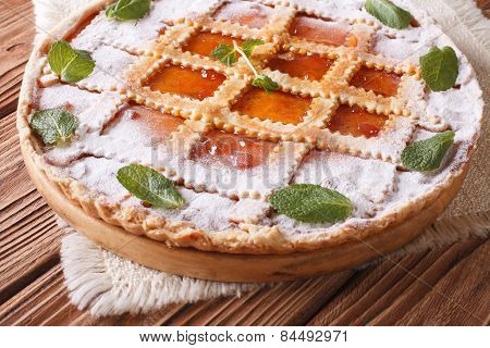 Italian Tart With Apricot Jam And Mint Close Up Horizontal