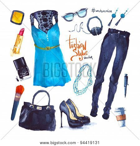 Set of trendy look. Watercolor clothes