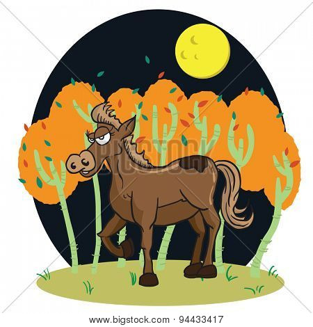 horse in a wood cartoon illustration
