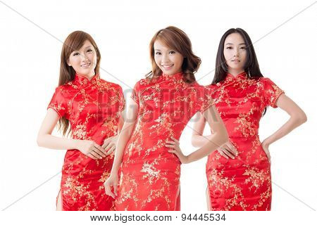 Group of Chinese women dress traditional cheongsam at New Year, studio shot isolated on white background.