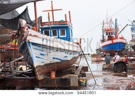Fishing vessels at shipyard in Thailand