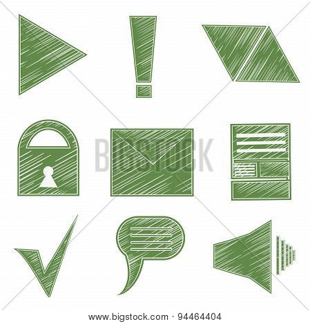 Set icons, symbols, arrows, checkmark, envelope, lock, sound, infographics
