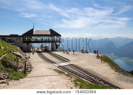 Steam locomotive of a vintage cogwheel railway going to Schafberg, Wolfgangsee / Schafberg Peak (1783m)