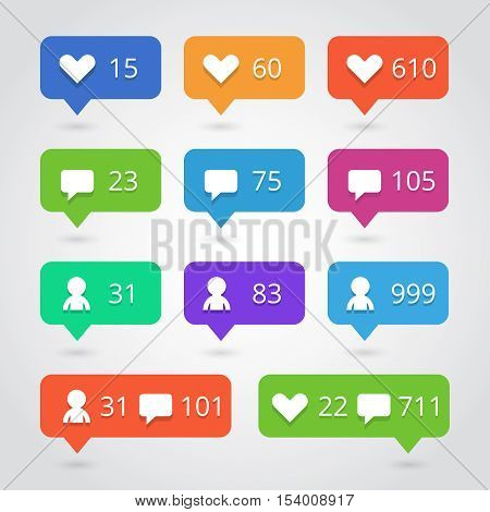 Love like follower comment sign vector icons set. Buttons with counter