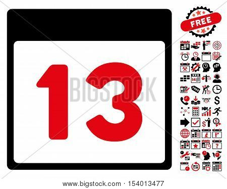 Thirteenth Calendar Page pictograph with bonus calendar and time management graphic icons. Glyph illustration style is flat iconic symbols, intensive red and black, white background.