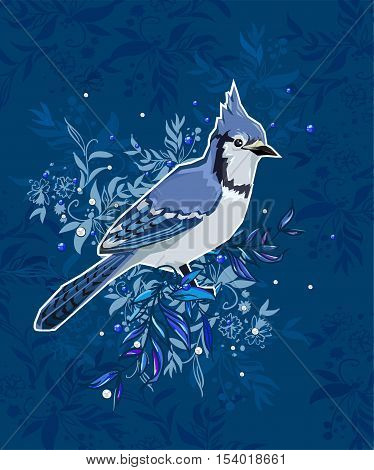 Blue Jay bird Vector Illustration, bird vector. Hand Drawn Vector Illustration of bird. A beautiful illustration of a winter bird. winter illustration.