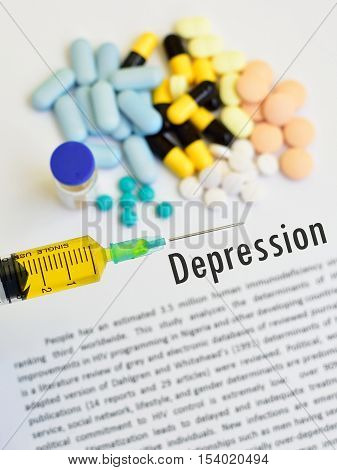 Syringe with drugs for depression treatment, medical concept