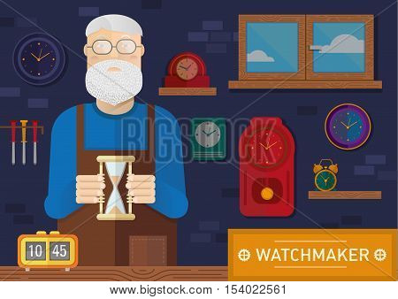 Creative illustration of a watchmaker in the workplace with a clock on the wall