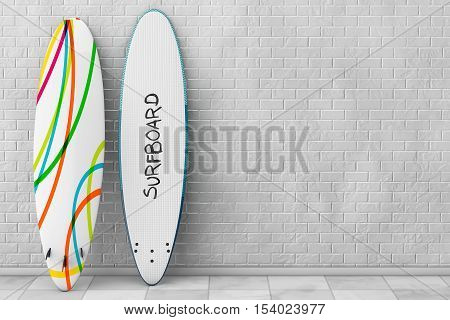 Modern Surfboards with Fins шт front of brick wall. 3d Rendering
