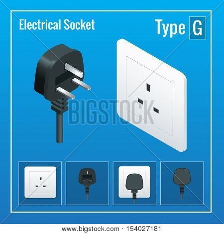 Isometric Switches and sockets set. Type G. AC power sockets realistic illustration. Power outlet and socket isolated. Plug socket