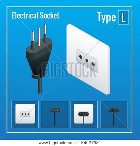 Isometric Switches and sockets set. Type L. AC power sockets realistic illustration. Power outlet and socket isolated. Plug socket