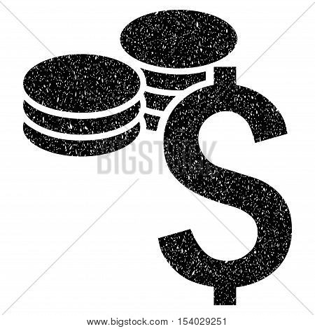 Dollar Coins grainy textured icon for overlay watermark stamps. Flat symbol with unclean texture. Dotted glyph black ink rubber seal stamp with grunge design on a white background.