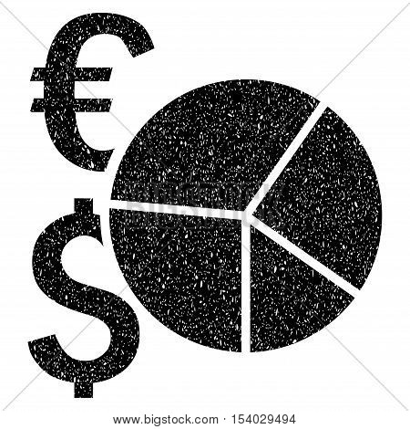 Financial Pie Chart grainy textured icon for overlay watermark stamps. Flat symbol with unclean texture. Dotted glyph black ink rubber seal stamp with grunge design on a white background.