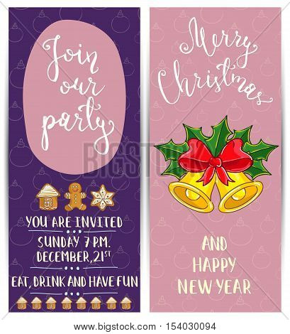 Invitation on Christmas party with date and time. Christmas bells. Merry Christmas and Happy New Year greetings. Template of christmas party invitation. Design for christmas party invintation. Christmas concept. Ad for christmas party. Merry Christmas