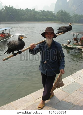 YANGSHUO, GUANGXI PROVINCE, CHINA - OCTOBER 07, 2013 - Portrait of an unidentified old chinese fisherman with two cormorants nearby Li river