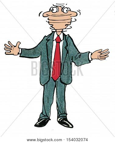 Color business illustration of businessman rapidly turning his head left to right to left.