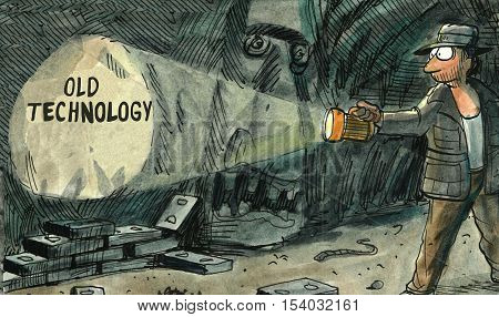 Color illustration of an explorer in a cave seeing 'old technology'.