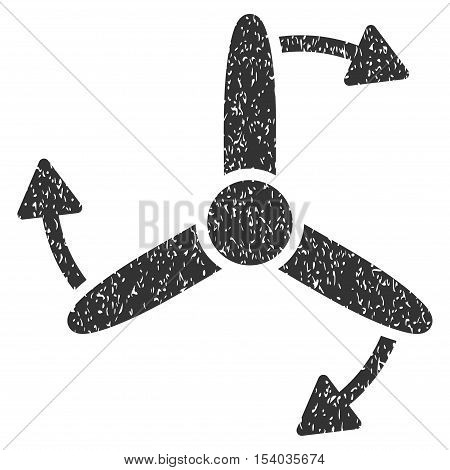 Three Bladed Screw Rotation grainy textured icon for overlay watermark stamps. Flat symbol with dirty texture. Dotted glyph gray ink rubber seal stamp with grunge design on a white background.
