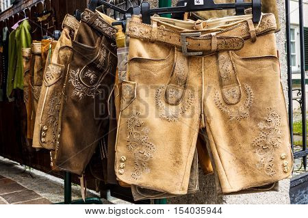 Traditional austrian and bavarian lederhosen (leather pants) for sale in St.Gilgen Austria