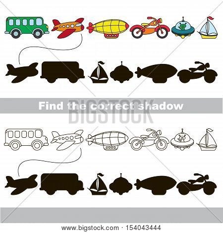 Funny transport shadow set with shadows to find the correct one. Compare and connect objects and their true shadows. Easy educational kid gaming. Simple game level. Logic game for children. Part two.