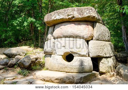 Dolmen single-chamber megalithic tomb of the Middle Bronze Age (3000-2000 BC). Valley of Zhane River near the village Vozrozhdenie in the vicinity of the resort city of Gelendzhik. Western Caucasus Krasnodar region of Russia.