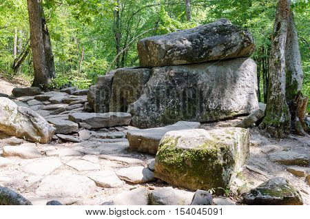 Dolmen single-chamber megalithic tomb of the Middle Bronze Age (3000-2000 BC). Valley of Zhane River near the village Vozrozhdenie in the vicinity of the resort city of Gelendzhik. Western Caucasus Krasnodar region of Russia.