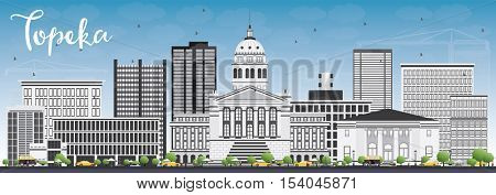 Topeka Skyline with Gray Buildings and Blue Sky. Vector Illustration. Business Travel and Tourism Concept with Modern Architecture. Image for Presentation Banner Placard and Web Site.