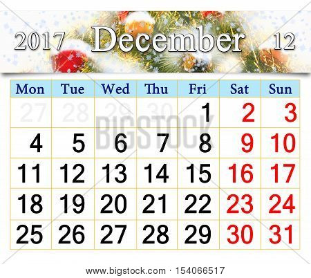 beautiful calendar for December 2017 with the ribbon of New-Year tree. Beautiful reminder for December 2017