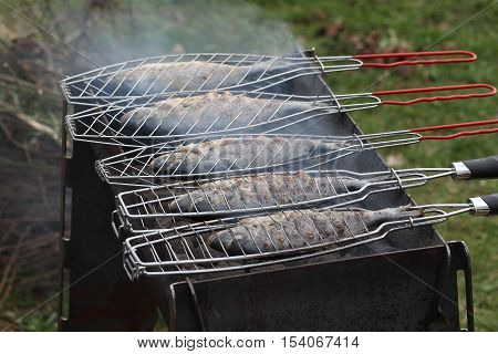 Fish grill / There are fish on the grill and grilled. An raw freshwater fish on the grill. Cooked in traditional style. Cooking of salted fish on a grill stove.