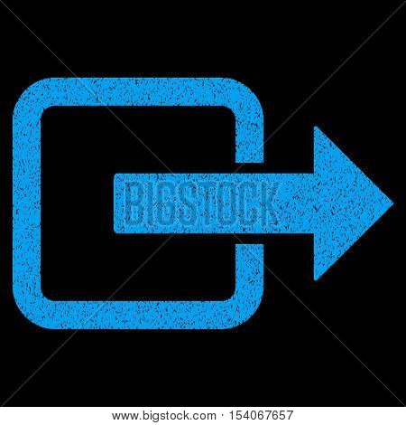 Exit Door grainy textured icon for overlay watermark stamps. Flat symbol with unclean texture. Dotted glyph blue ink rubber seal stamp with grunge design on a black background.