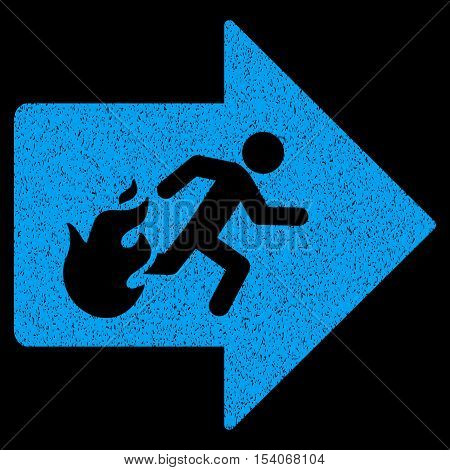 Fire Exit grainy textured icon for overlay watermark stamps. Flat symbol with scratched texture. Dotted glyph blue ink rubber seal stamp with grunge design on a black background.