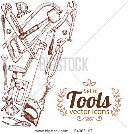Side vertical border with repair tools icons. Template for packaging cards posters. Vector stock illustration.