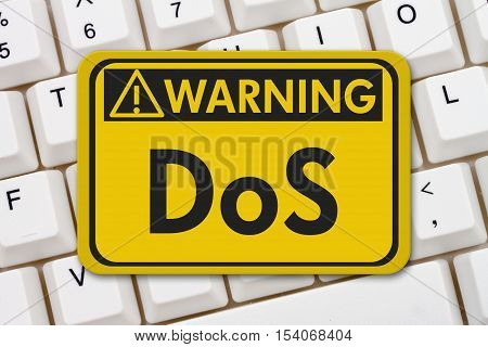Denial of service warning sign A yellow warning hanging sign with text DoS on a keyboard 3D Illustration