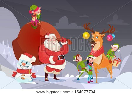 Santa Claus With Reindeer Elfs Gift Sack Happy New Year Merry Christmas Banner Flat Vector Illustration