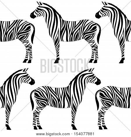 Seamless pattern with zebra silhouette on white background. Vector illustrations. African animals.
