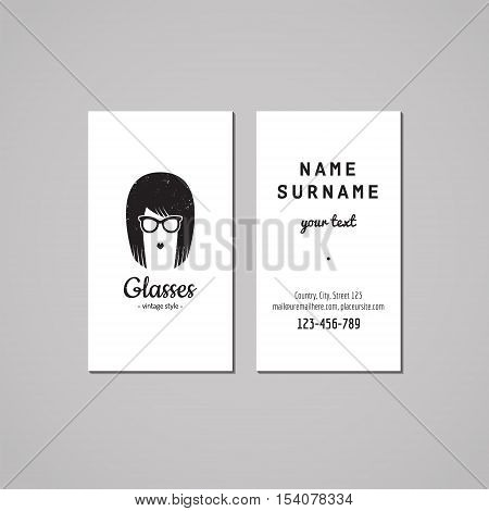 Eyeglasses business card design concept. Logo with a long hair woman. Vintage hipster and retro style.