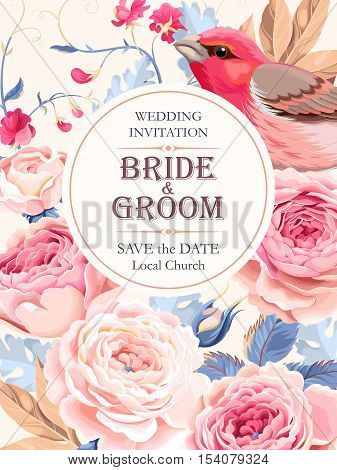 Vector vintage wedding invitation with roses and birds