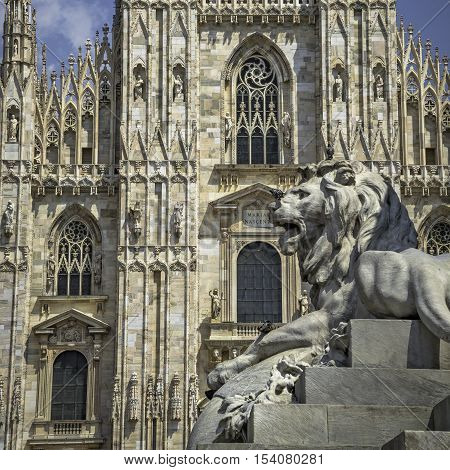 Lion And Duomo Di Milano, Cathedral Of Milano, Italy