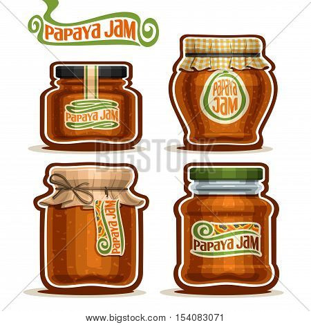 Vector logo Papaya Jam in glass Jars with paper cover lid, rustic Pot home made papaya jams, twine rope bow, homemade fruit jam jar, farm jelly pot with label, checkered cloth cap, isolated on white.