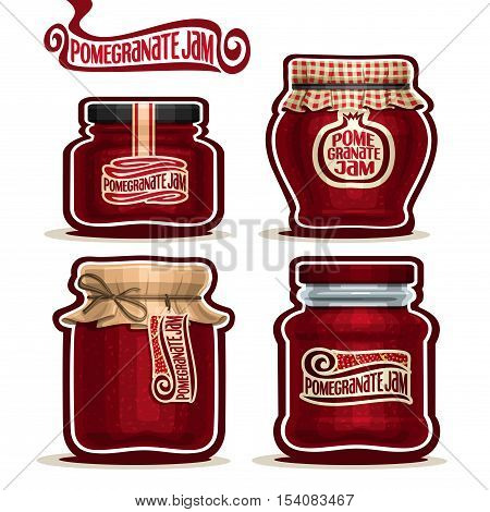 Vector logo Pomegranate Jam in Jars with paper cover lid, rustic Pot home made pomegranate jams, twine bow, homemade garnet fruit jam jar, farm jelly pot with label, checkered cloth, isolated on white