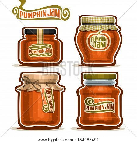 Vector logo Pumpkin Jam in Jars with checkered paper lid, rustic Pot home made pumpkin jams, twine bow, homemade fruit jam jar, farm halloween dessert autumn harvest pot with label, isolated on white.