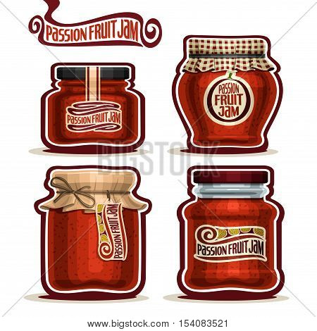Vector logo Passion Fruit Jam in Jars with paper cover lid, Pot home made passion fruit jams, twine bow, set homemade passionfruit jam jar, farm pot with label, checkered cloth cap, isolated on white.
