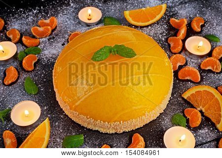 Cake witch Orange mousse, Mandarin saucea and fruit.
