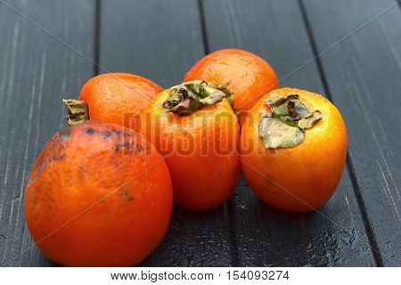 Persimmon, Fresh Ripe Persimmon On Wooden Table Fruits On Rustic Table, Tropical Fruit