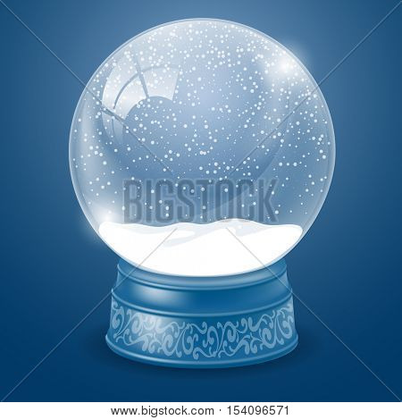 Empty Christmas Snow Globe Template. Magic Ball with Snow and Flying Snowflakes for your Christmas and New Year Designs. Easy inserting your own object. Realistic Vector Stock Illustration. 