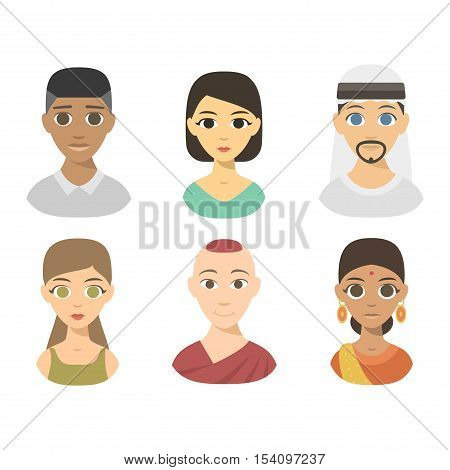 Group people nationality races at work teamwork avatars. Flat design characters people nationality race. Set diverse avatars people nationality race. Different nationalities, clothes and hair styles.