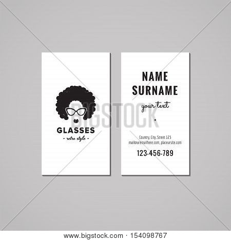 Eyeglasses business card design concept. Logo with an afro hair woman. Vintage hipster and retro style.