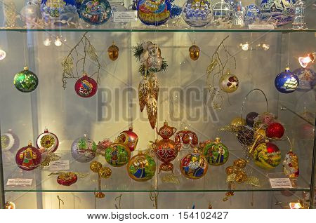 KLIN RUSSIA - JANUARY 16 2016: Museum of Christmas toys.Modern Christmas decorations painted in the Russian folk tradition.