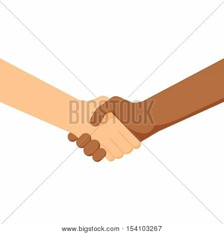 two people shaking hands. White and black people. Conclusion of the contract. Partnership between different nationalities. Sign of friendship and respect
